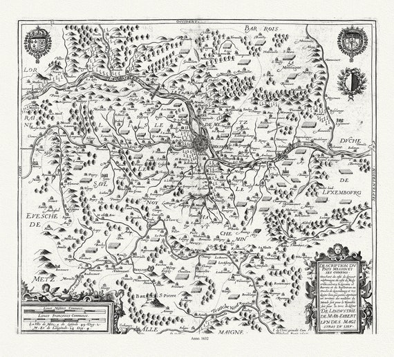 Lorraine: Michel de La Rochemaille et Le Clerc, Description du Pays Messin et ses Confins ,1632 ,sur toile de coton épaisse, environ 56x70cm