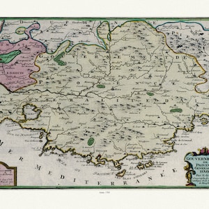 Provence: de Fer, Gouvernement de Provence, Generalite d'Aix, 1705,une carte sur toile de coton épaisse, environ 56x70cm