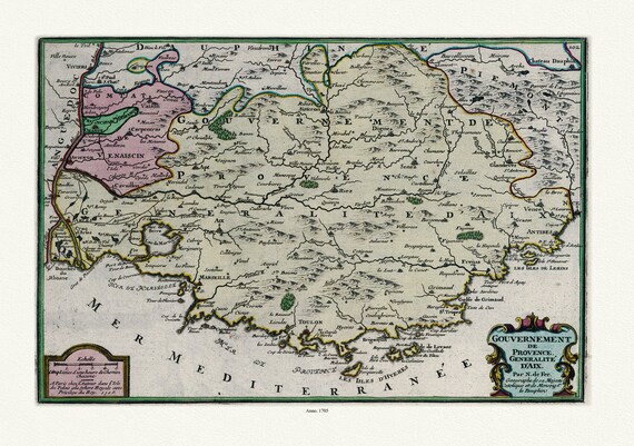 Provence: de Fer, Gouvernement de Provence, Generalite d'Aix, 1705,une carte sur toile de coton épaisse, environ 56x70cm