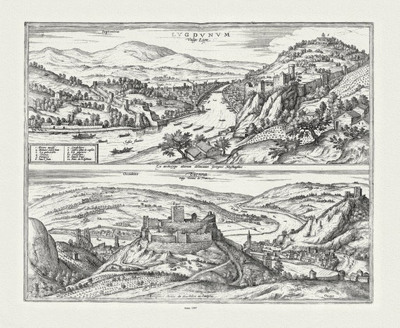 Lyonnais: Braun et Hogenberg, Lugdunum (Lyon). Vienna (Vienne), 1597 , carte sur toile de coton épaisse, environ 56x70cm