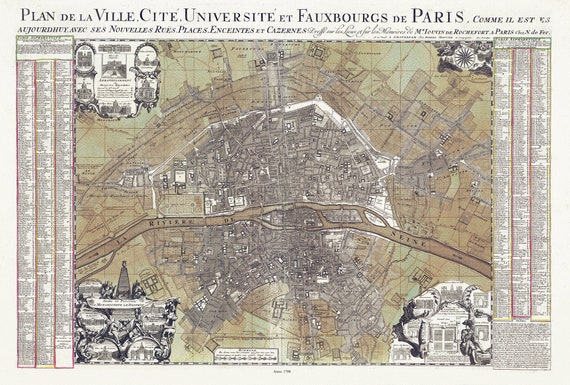 Jaillot, Mortier et Sanson, Plan de la Ville Cite Universite et Fauxbourgs de Paris, 1708,une carte sur toile de coton épais, 56x70cm