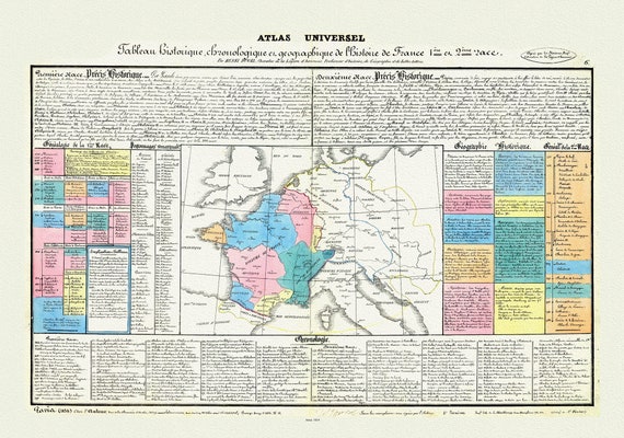 Duval, Atlas Universel, Tableau l'historie de France, 1834, carte sur toile de coton épaisse, environ 56x70cm