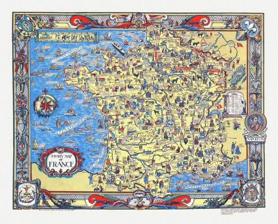 Vogelear et Walker,  A Story map of France,  1936 , une carte sur toile de coton épaisse, environ 56x70cm