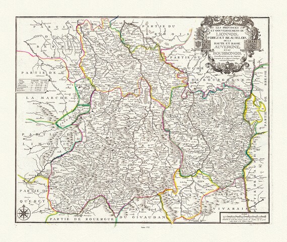 Lyonnais: de Fer (Nicolas de, 1646-1720),  Les Provinces et Gouvernemens Du Lionnois, 1712, sur toile de coton épaisse, environ 56x70cm