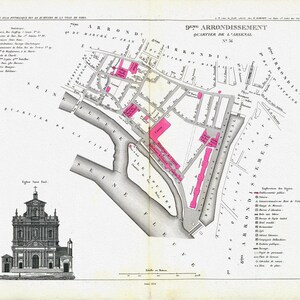 Perrot, Paris 9 Eme. Arrondissement  Quartier de l'Arsenal. No. 36, 1834 , une carte sur toile de coton épaisse, environ 56x70cm