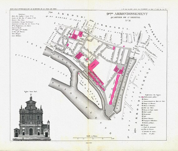 Perrot, Paris 9 Eme. Arrondissement  Quartier de l'Arsenal. No. 36, 1834 , une carte sur toile de coton épaisse, environ 56x70cm