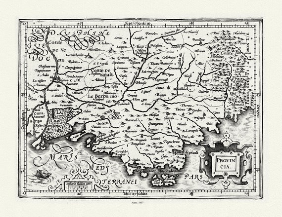 Provence: Mercator et Hondius, Provinica, 1607 , une carte sur toile de coton épaisse, environ 56x70cm