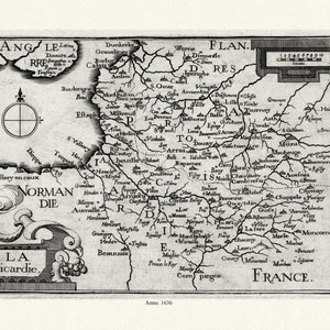 La Picardie, Tassin,  1636, carte sur toile de coton épaisse, environ 56x70cm