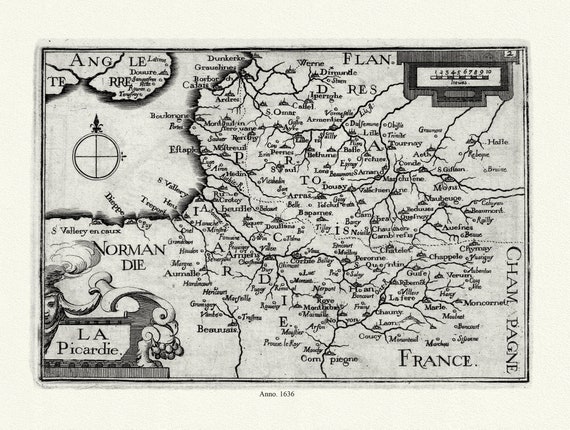 La Picardie, Tassin,  1636, carte sur toile de coton épaisse, environ 56x70cm