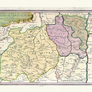 Lyonnais: de Fer, Gouvernement General du Lionnois Generalitez de Lion et de Riom, 1705,, carte sur toile de coton épaisse, environ 56x70cm