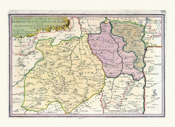Lyonnais: de Fer, Gouvernement General du Lionnois Generalitez de Lion et de Riom, 1705,, carte sur toile de coton épaisse, environ 56x70cm