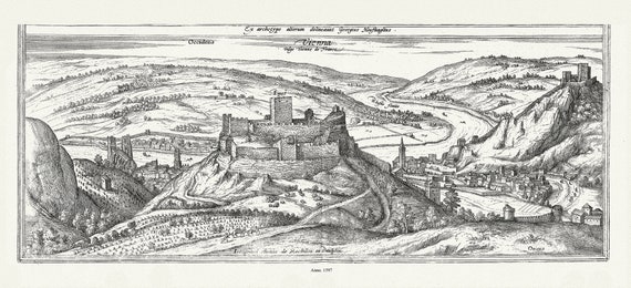 Lyonnais: Braun et Hogenberg, Vienna (Vienne), 1597  , carte sur toile de coton épaisse, environ 56x70cm