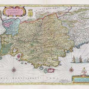 Provence, Provincia, 1665, Blaeu auth. , une carte sur toile de coton épaisse, environ 56x70cm