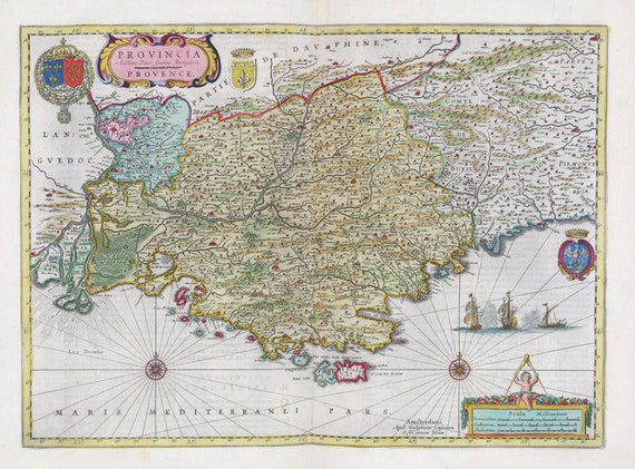 Provence, Provincia, 1665, Blaeu auth. , une carte sur toile de coton épaisse, environ 56x70cm