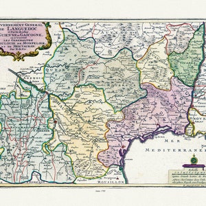 Languedoc: de Fer, Gouvernement General de Languedoc et Partie de celuy de Guienne et Gascogne, 1705, sur toile de coton épaisse, 56x70cm