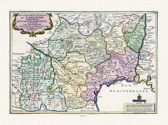 Languedoc: de Fer, Gouvernement General de Languedoc et Partie de celuy de Guienne et Gascogne, 1705, sur toile de coton épaisse, 56x70cm