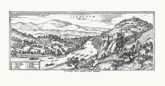 Lyonnais: Braun et Hogenberg, Lugdunum (Lyon), 1597 , carte sur toile de coton épaisse, environ 56x70cm