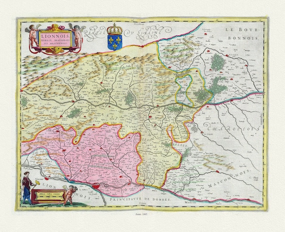 Lyonnais: Blaue, Lionnois, Forest, Beaviolois Et Masconnois, 1665 , carte sur toile de coton épaisse, environ 56x70cm