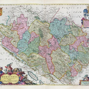 Burgundy, Burgundia Comitatus Vulgo La Franche Comté, 1665, Bleaue auth. , une carte sur toile de coton épaisse, environ 56x70cm