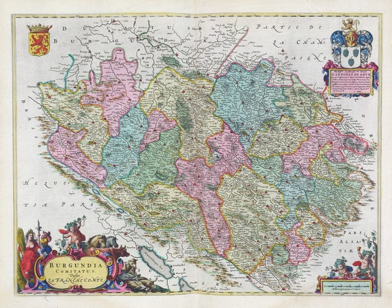 Burgundy, Burgundia Comitatus Vulgo La Franche Comté, 1665, Bleaue auth. , une carte sur toile de coton épaisse, environ 56x70cm