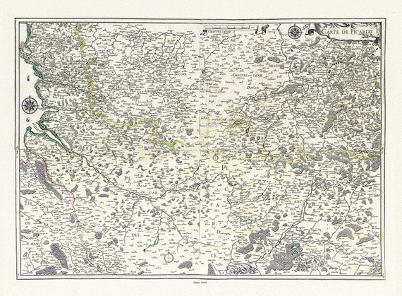 Picardie: Blaeu et Tassin, Carte De Picardie, 1640, carte sur toile de coton épaisse, environ 56x70cm