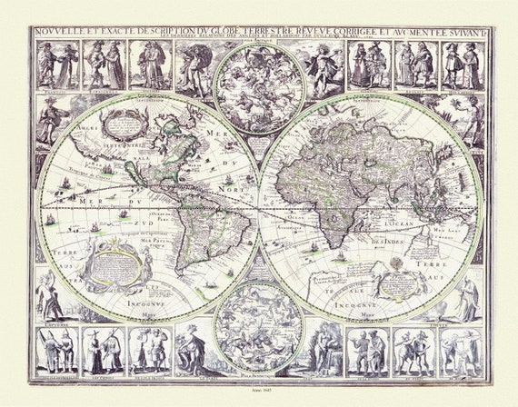 Blaue, Nouvelle et Exacte description du Globe Terrestre, 1645,  une carte sur toile de coton épaisse, environ 56x70cm