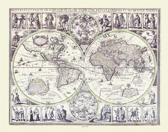 Blaue, Nouvelle et Exacte description du Globe Terrestre, 1645,  une carte sur toile de coton épaisse, environ 56x70cm