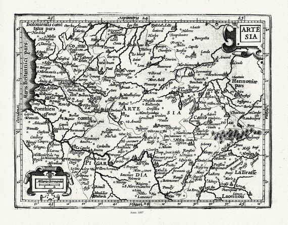 Artois: Mercator et Hondius, Artesia, 1607, carte sur toile de coton épaisse, environ 56x70cm