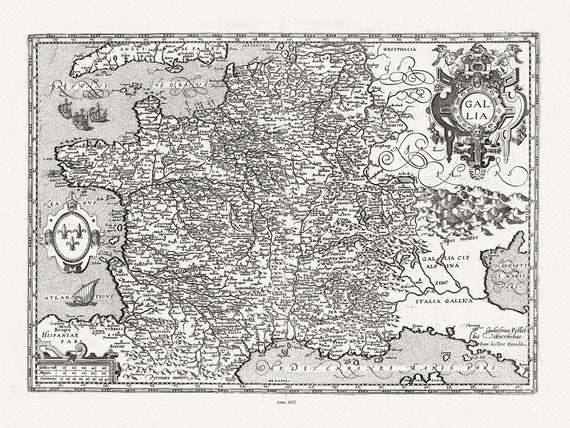 Mercator, Gallia, 1632, une carte sur toile de coton épaisse, environ 56x70cm