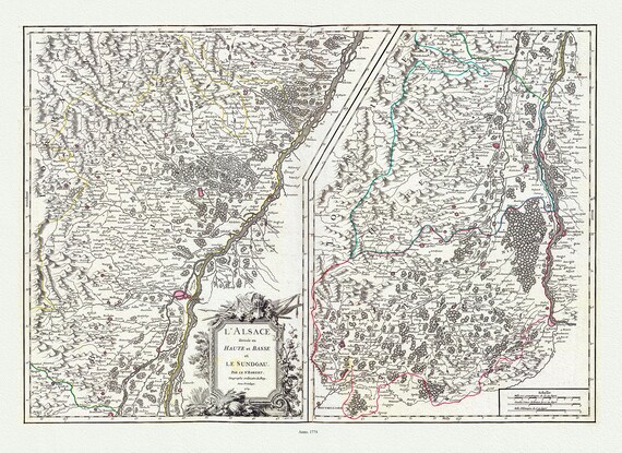 Vaugondy (Robert de, Gilles, 1688-1766),  L'Alsace, 1754 , carte sur toile de coton épaisse, environ 56x70cm