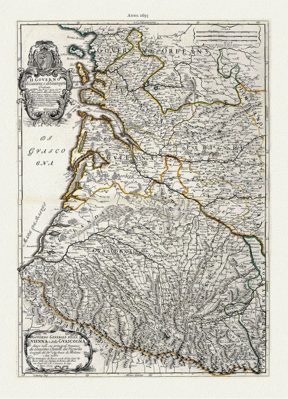 Rossi, Governo Generale della Guienna , France, 1693 ,une carte sur toile de coton épais, 56x70cm environ