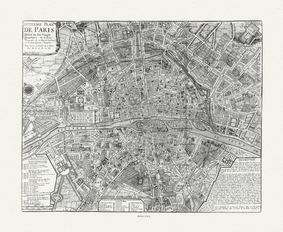 Fer, (Nicolas de, 1646-1720), Huitieme plan de Paris divisé en ses vingts quartiers, 1702, une carte sur toile de coton épais, 56x70cm
