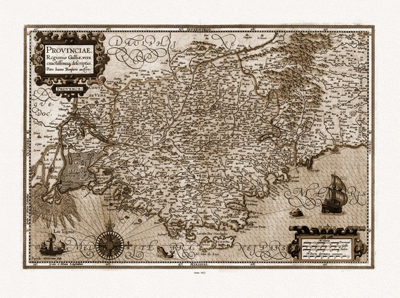 Provence: Mercator et Hondius, Provinciae, Regionis Galliae, vera eaxctissimaq, 1623 Ver. S, sur toile de coton épaisse, environ 56x70cm