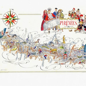 Pyrenees, Jacques Liozu, 1951, une carte sur toile de coton épaisse, environ 56x70cm