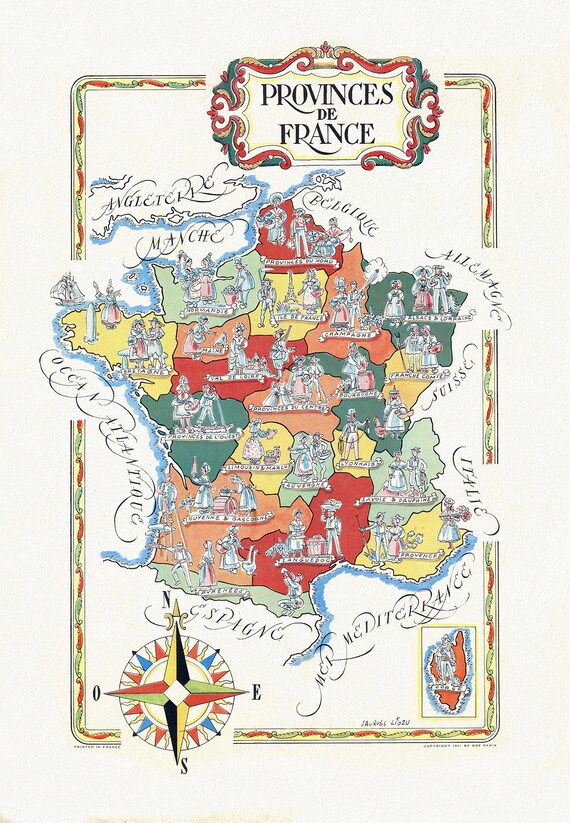 Jacques Liozu, Provinces de France, 1951 ,une carte sur toile de coton épais, 56x70cm environ