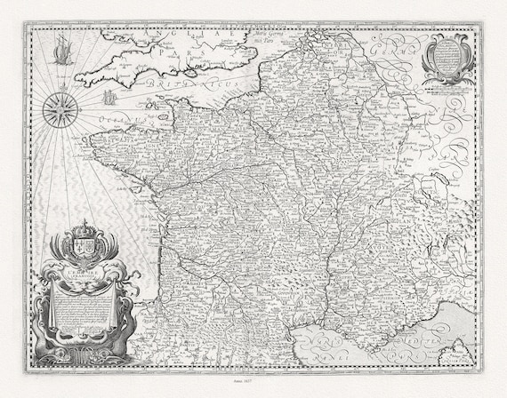 Mariette, L'Empire Francois, 1637 ,une carte sur toile de coton épais, 56x70cm environ