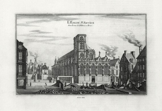 L'Eglise Saint Sauveur dans la rue de St. Denis,Paris, 1660 ,une carte sur toile de coton épais, 56x70cm environ