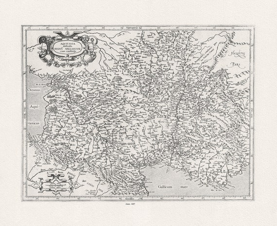 Mercator et Hondius, Aquitania australis Regnu Arelatense cum confinijs, 1607 , carte sur toile de coton épaisse, environ 56x70cm