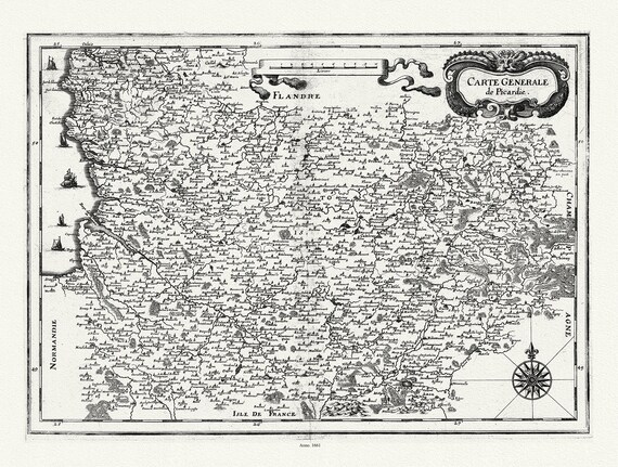 Picardie: Merian, Carte generale de Picardie, 1661 , carte sur toile de coton épaisse, environ 56x70cm