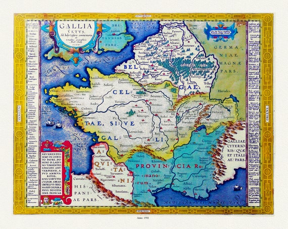 Ortelius (Abraham, 1527-1598), Gallia Vetus, 1592 ,une carte sur toile de coton épais, 56x70cm environ