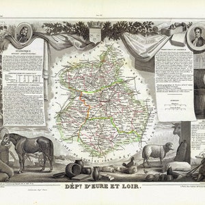 Loire: Levasseur, Dept. De L'Eure et Loir, 1856 , une carte sur toile de coton épaisse, environ 56x70cm