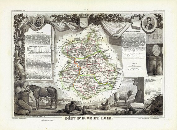 Loire: Levasseur, Dept. De L'Eure et Loir, 1856 , une carte sur toile de coton épaisse, environ 56x70cm