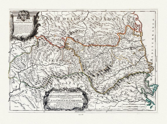 Pyrenees: Rossi, La contea di Rossilione, 1690, une carte sur toile de coton épaisse, environ 56x70cm