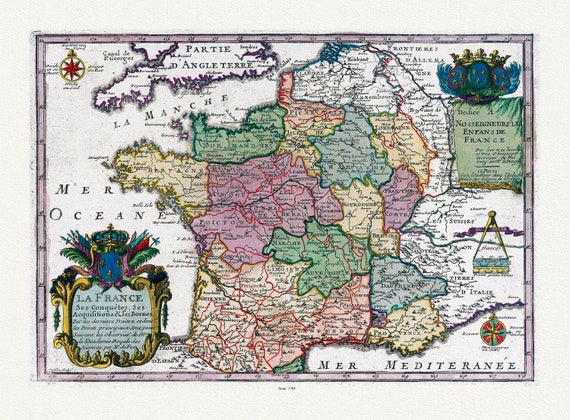 de Fer (Nicolas, 1646-1720),  La France, 1705 ,une carte sur toile de coton épais, 56x70cm environ