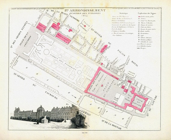 Perrot, Paris I Er. Arrondissement  Quartier des Tuileries. No. 4, 1834, une carte sur toile de coton épaisse, environ 56x70cm