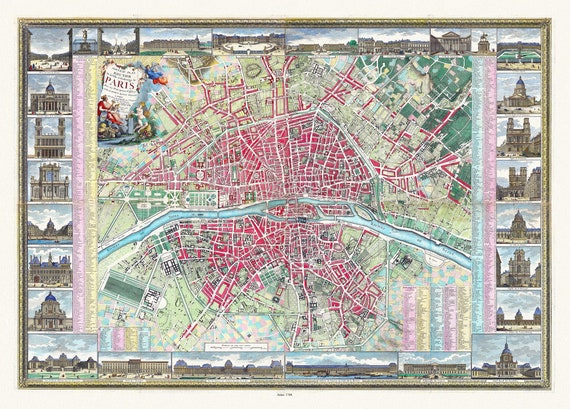 Pichon, Nouveau Plan Routier de la Ville et Faubourgs de Paris, 1784 , carte sur toile de coton épaisse, environ 56x70cm