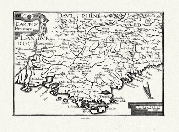 Provence: Tassin, Carte de Provence, 1636, une carte sur toile de coton épaisse, environ 56x70cm