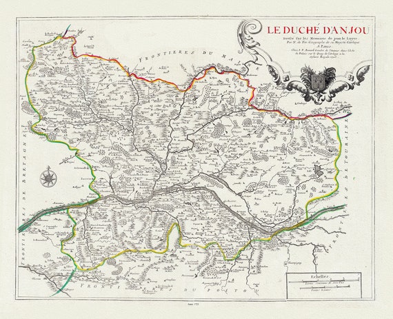 Loire: de Fer (Nicolas de, 1646-1720),  Le Duche D'Anjou, 1723 , une carte sur toile de coton épaisse, environ 56x70cm