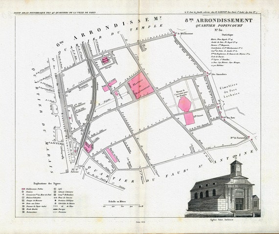 Perrot, Paris 8 Me. Arrondissement  Quartier Popincourt. No. 30A, 1834  , une carte sur toile de coton épaisse, environ 56x70cm