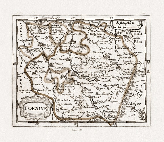 Lorraine: Du Val, Lo'raine, 1682 Ver. S, carte sur toile de coton épaisse, environ 56x70cm
